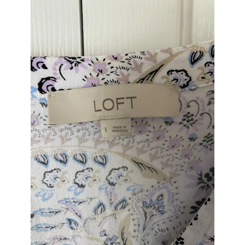 Loft Swing Dress Womens L White Blue Paisley Floral Puff Sleeve V-Neck Boho